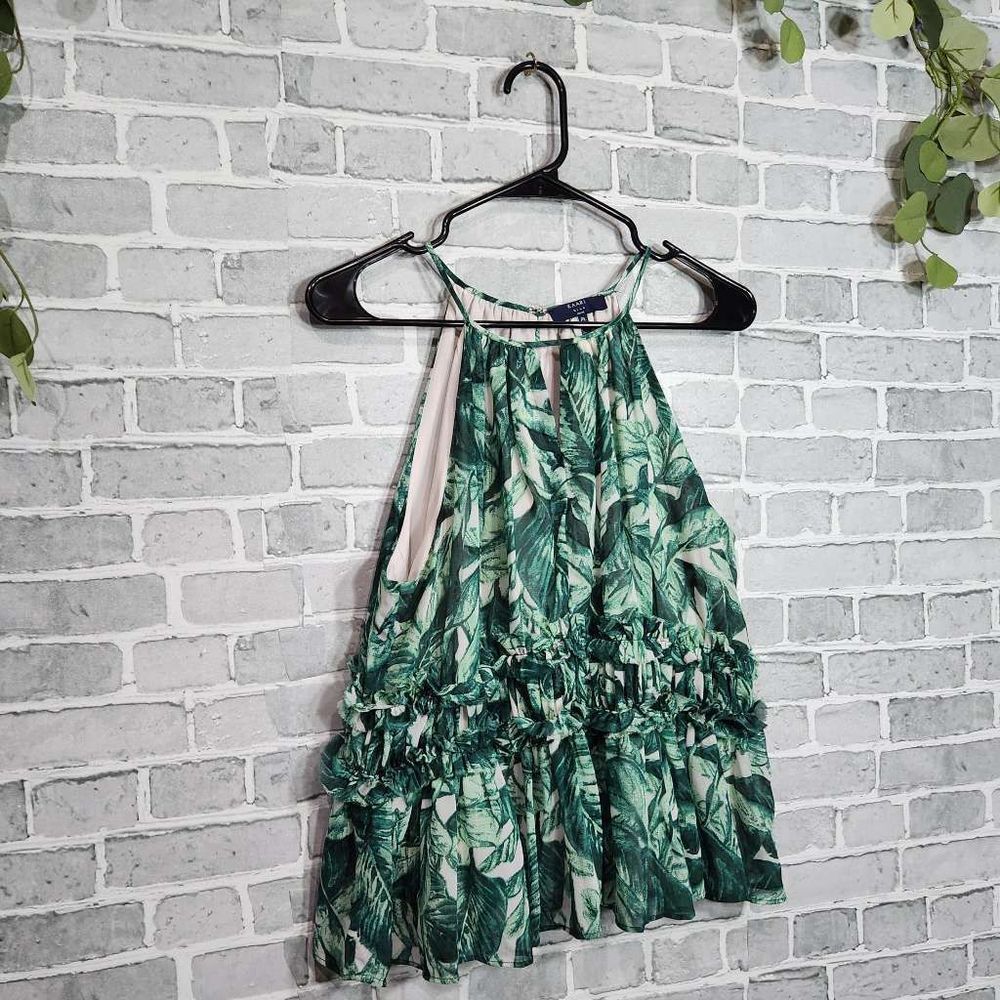 Kaari Blue Ruffled Palm Tropical Print Halter Top Size PL